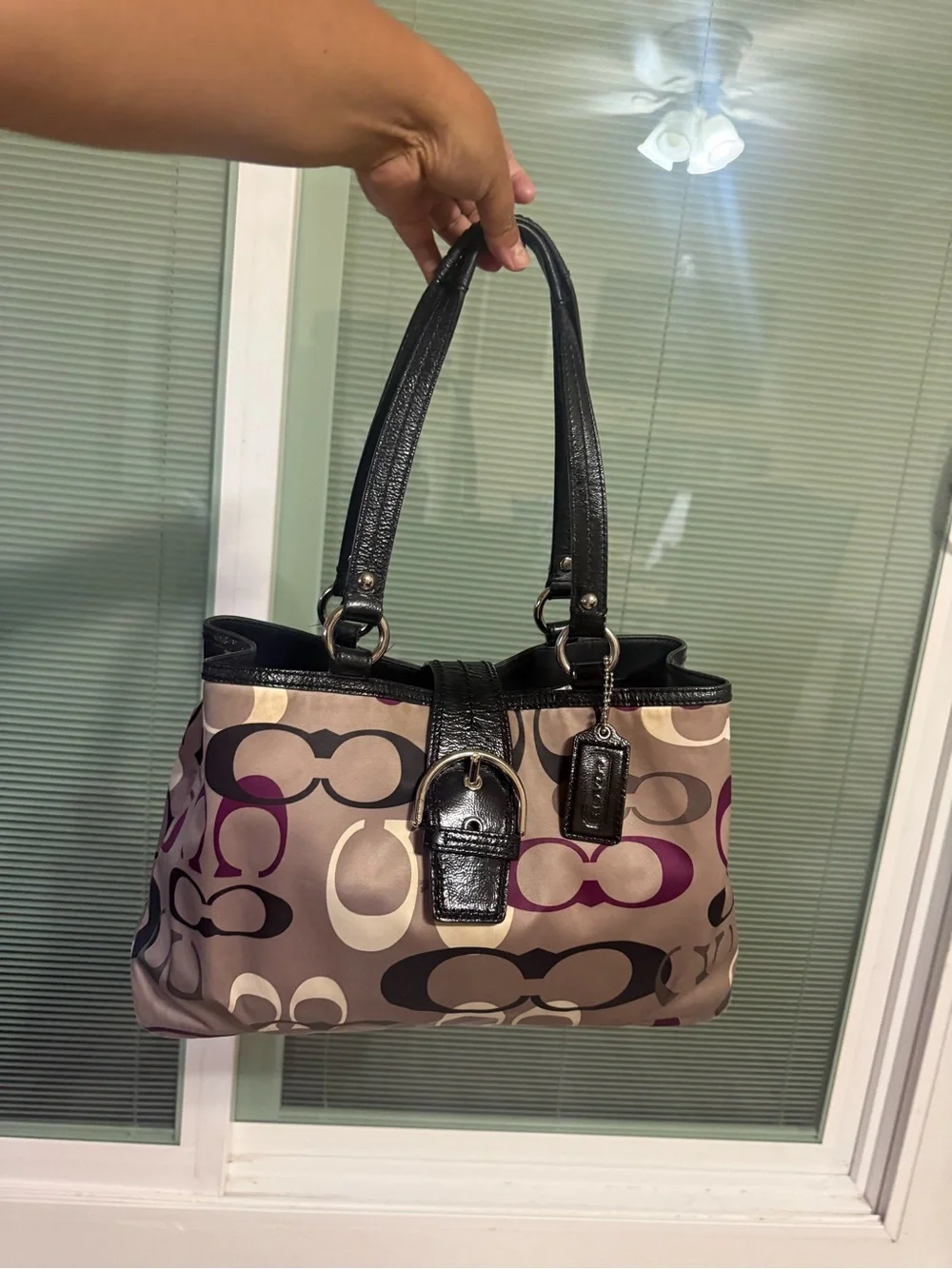 Coach Signature Canvas Shoulder Bag in Taupe, Purple and Black